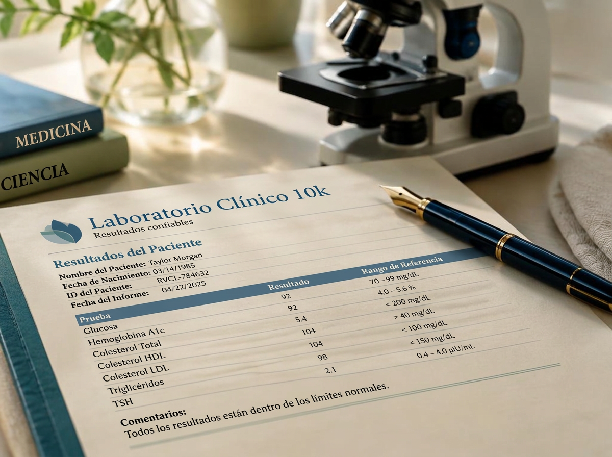 Informe de resultados impreso junto a un microscopio